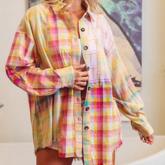 New Trendy Boho Multi Plaid Vintage Washed Distressed Hem Button Down Shirt - Picture 1 of 10